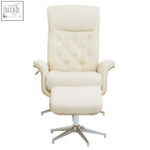 Cream-colored ivory leather effect recliner chair with matching ottoman and chrome star base for ultimate comfort