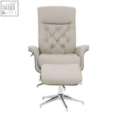 Cream-colored warrington mink leather effect recliner and footstool with tufted design and chrome swivel base