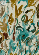Abstract watercolour floral wallpaper with swirling teal gold and brown strokes on a cream background for stylish decor
