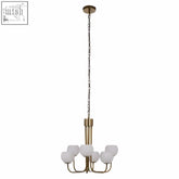 Waylen 6 arm chandelier with nine frosted glass globes and brass finish, featuring a silver iron frame design
