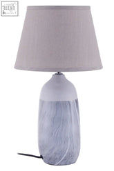 Welma beige ceramic table lamp with sleek marble-patterned base and gray linen shade for stylish lighting