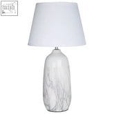 Welma white ceramic table lamp with grey vein marble effect base and matching white fabric shade for home decor