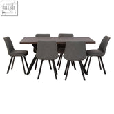 Modern gray upholstered westford rectangle dining set with 6 chairs featuring sleek black metal legs