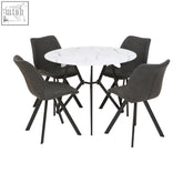 Modern weston round marble dining table with white marble top and black legs, surrounded by six gray upholstered chairs