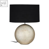 Whisper table lamp with black cylindrical lampshade and textured metallic silver circular base for stylish lighting