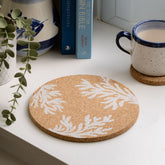 White coral cork pot stand round cork pot with white painted leafy branch design made from portuguese cork pot stands