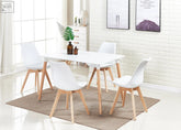 White halo dining table with light wood legs paired with 4 padded lorenzo jamie tulip chairs for cozy meals