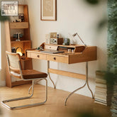 Light oak wood willa office desk with chrome legs and two drawers featuring round wooden knobs for office use