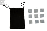 Black velvet drawstring bag with ten silver granite ice rocks for chilling drinks without dilution