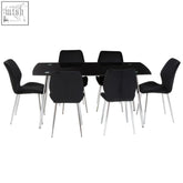 Wimslow black tempered glass dining table with 6 matching black tempered glass dining chairs on chrome legs