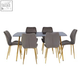 Modern wimslow smoked glass dining table with gold legs and six soft taupe upholstered chairs set