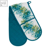 Winter palm double oven glove in teal and white with tropical leaf pattern for heat protection in the kitchen