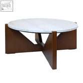 Round white winton travertine top coffee table with dark acacia wood frame and geometric base for stylish living room