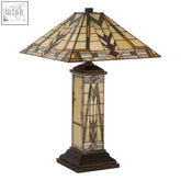Wisteria tiffany table lamp with art deco stained glass shade in amber cream and dark brown geometric patterns