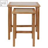 Set of two womad large wooden side tables with light wood and cream marble tops in a simple rectangular design