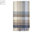 Woodale pure new wool Shetland throw in cream with blue gray plaid and delicate fringe at the bottom edge