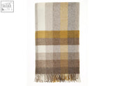 Woodale pure new wool shetland throw gold in a cozy earth toned plaid herringbone wool scarf with cream mustard brown shades