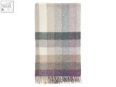 Woodale pure new wool shetland throw heather soft woven wool scarf with muted cream gray lavender beige plaid and fringed edges