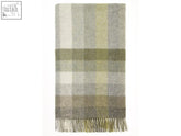 Woodale pure new wool shetland throw olive in soft earth-toned plaid with herringbone pattern and fringed edges