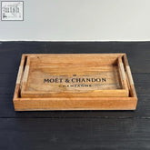 Light brown wooden serving tray with moët & chandon logo and woven rope handles perfect for wooden serving trays 5cm x 5cm
