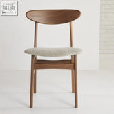 A sleek wright walnut dining chair set of 2 with curved backrest and light gray upholstered seat