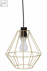 Wyra champagne gold cage pendant light with geometric gold cage and black cord and base for stylish lighting