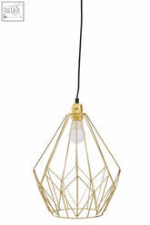 Wyra champagne gold frame pendant light with a gold geometric wire design and clear bulb inside
