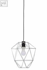 Wyra chrome pendant light with geometric wire design black cord and exposed bulb perfect modern chrome pendant