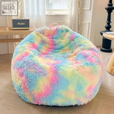 A plush rainbow tie dye fuzzy faux fur bean bag cover by xege perfect as a comfy living room bean bag cover