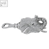 Yala silver elephant bottle opener features a detailed silver elephant shape with carved texture and a looped handle