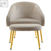 Beige mink velvet chair with high-density foam cushions and gold-tone metal legs with matching ottoman