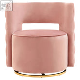 A yasmeen pink blush velvet swivel chair with a rounded back and gold-tone circular base perfect for stylish seating