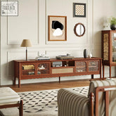 Yedda tv stand cherry wood media console with warm glass doors and woven rattan detail easy to clean with damp cloth