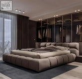 Beige tufted yoshi bed with plush fabric upholstery and solid wooden foundation for a comfy modern look