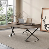 Modern beige leather yuna office desk with dark wood top and sleek black x-shaped metal legs for stylish workspace