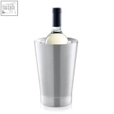 Zack Celos premium brushed stainless steel wine cooler with sleek cylindrical design holding chilled white wine bottle