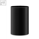 Black cylindrical mug with smooth glossy finish next to zack civos black stainless steel round waste paper basket