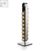 Modern metallic curo capsule holder with brushed steel finish and black accents for 18 nespresso pods storage