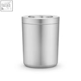 A sleek stainless steel donare bottle cooler with a smooth reflective surface and matching lid for wine bottles