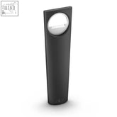 Black matte zack outdoor led bollard light with frosted glass lens shown alongside etelli bottle opener stainless steel design