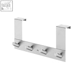 Silver metallic over-the-door hook rack with four cylindrical hooks made of brushed stainless steel by Zack Exit