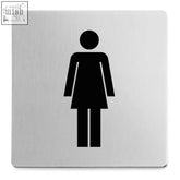 Silver metallic restroom information sign with black woman silhouette by zack indici premium brushed steel