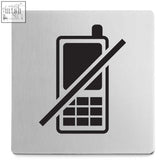 Silver metallic no mobile phones indici information sign featuring a black phone silhouette with a diagonal line