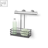 Modern black metal iparo shower basket with powder coated stainless steel and silver faucet mount for bathroom use