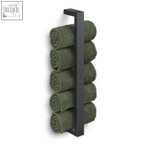 Zack Linea black stainless steel towel holder with five rolled olive green guest towels for bathroom use