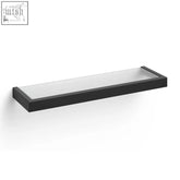 Black rectangular zack linea bathroom shelf with frosted glass top made of stainless steel 46.5 cm wide