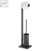 Modern matte black stainless steel linea toilet butler with minimalist design holding toilet paper and brush stand