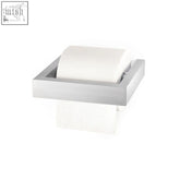 Zack Linea brushed stainless steel toilet roll holder with sleek rectangular design holding a white toilet roll