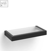 Black rectangular linea bathroom shelf with frosted glass top made from premium stainless steel for bathroom use