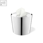 Shiny chrome lyos tissue dispenser in polished stainless steel with a modern design and white tissue pulled out